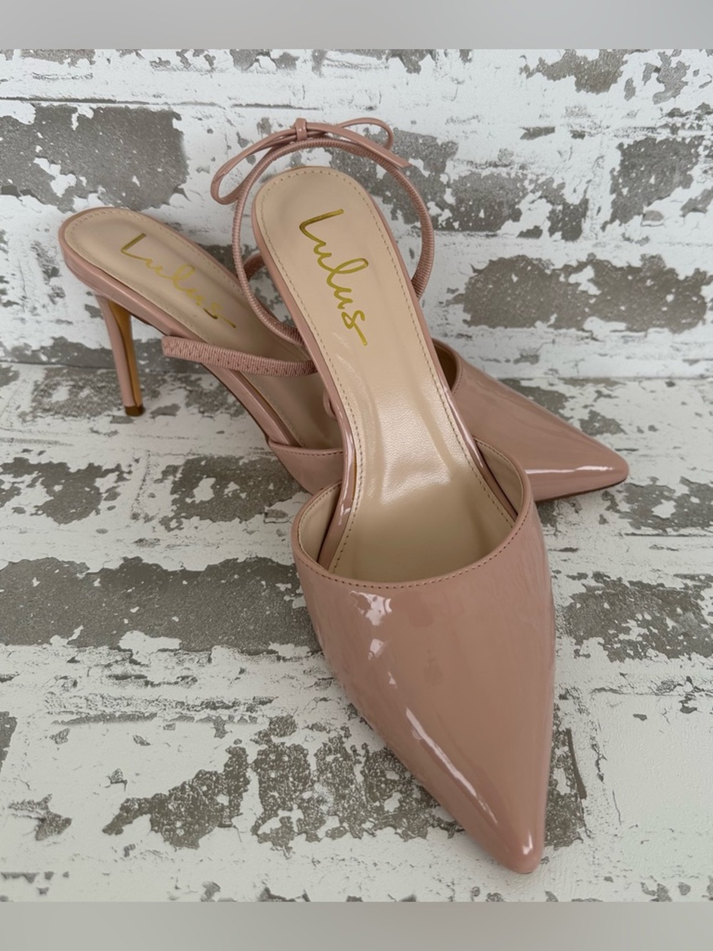 Lulus Nude Patent Pointed-toe Stiletto Heels with Ankle Straps Size 8 1/2